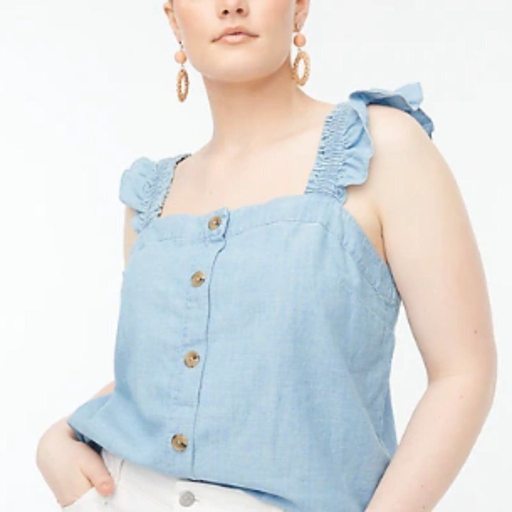J.Crew Women's Tank Top Chambray Button Front Cotton Ruffle Straps Plus Size 2XL